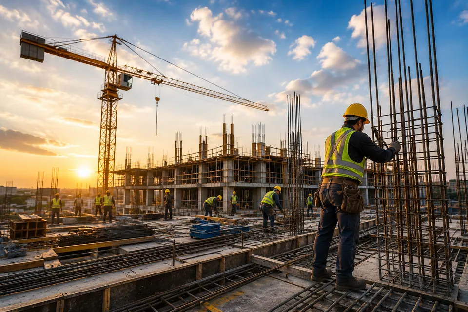 Construction worker and tower cranes at sunset