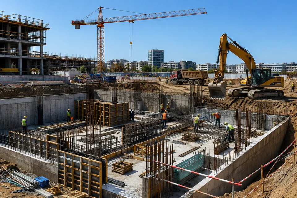 Civil construction site with cranes and foundations