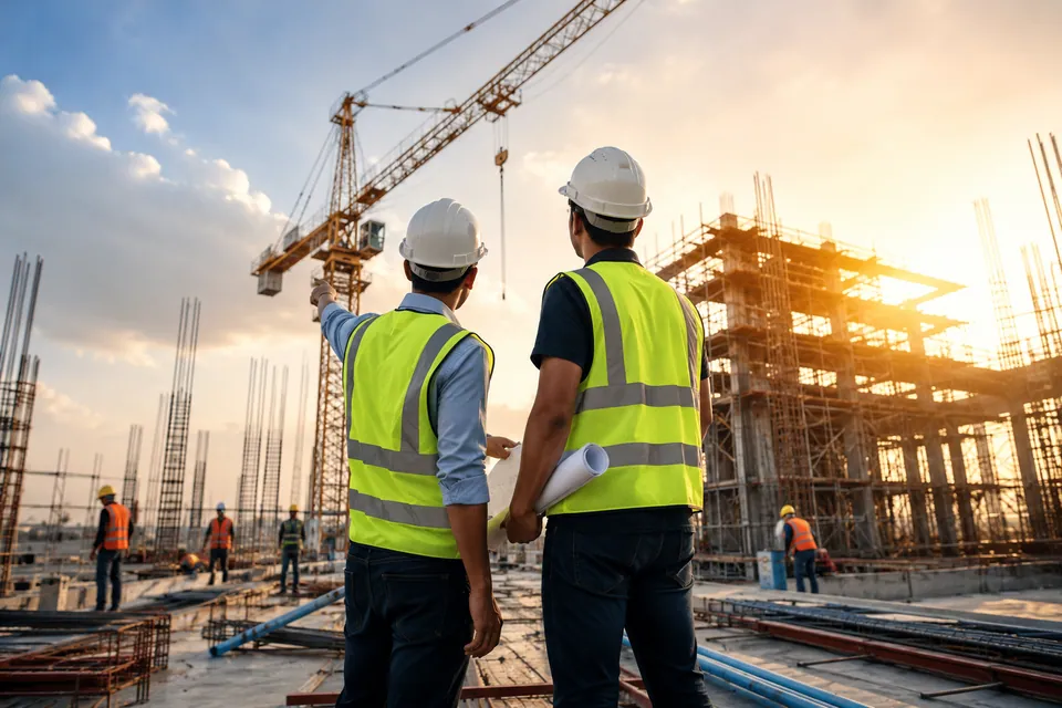 Two construction professionals planning site activities