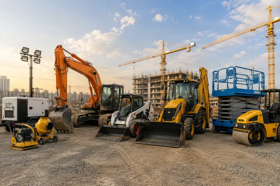 Excavators, loaders, and access equipment at a construction site