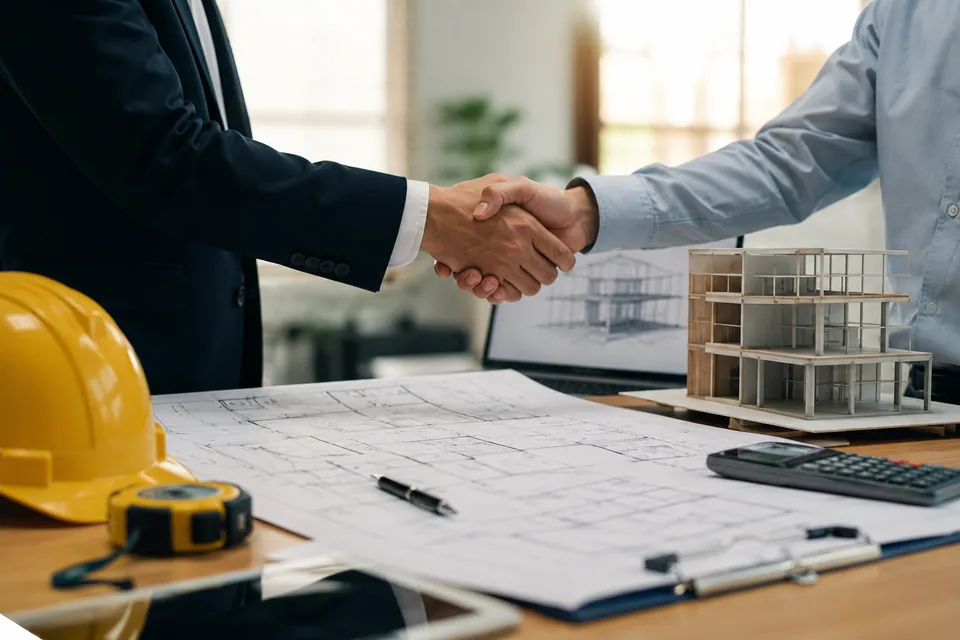 Project partners reviewing construction plans at a desk