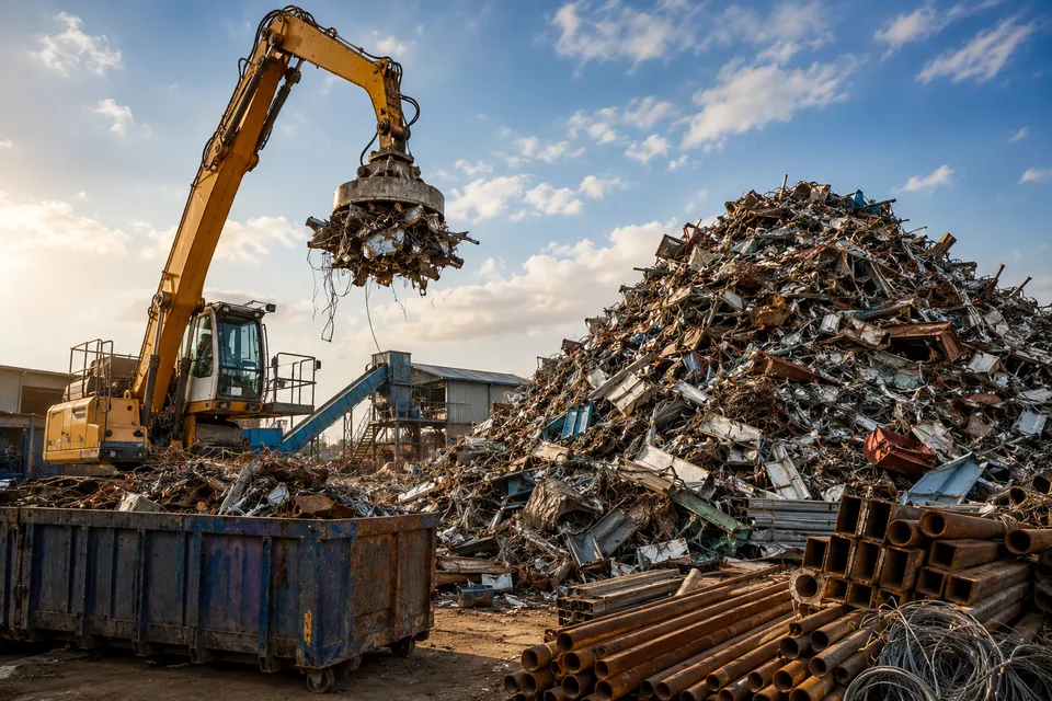 Industrial yard with sorted metal and material handling machinery