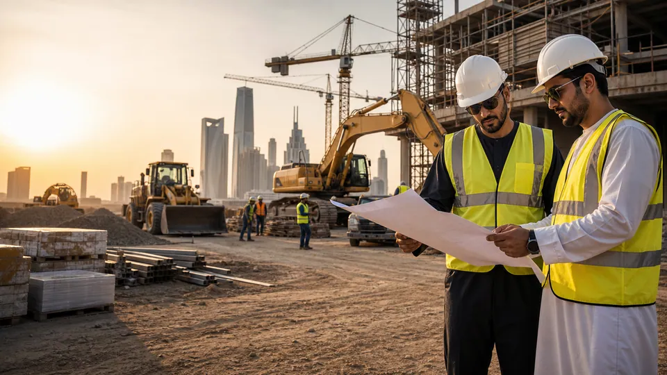 Engineers reviewing plans on a construction site with cranes and a city skyline